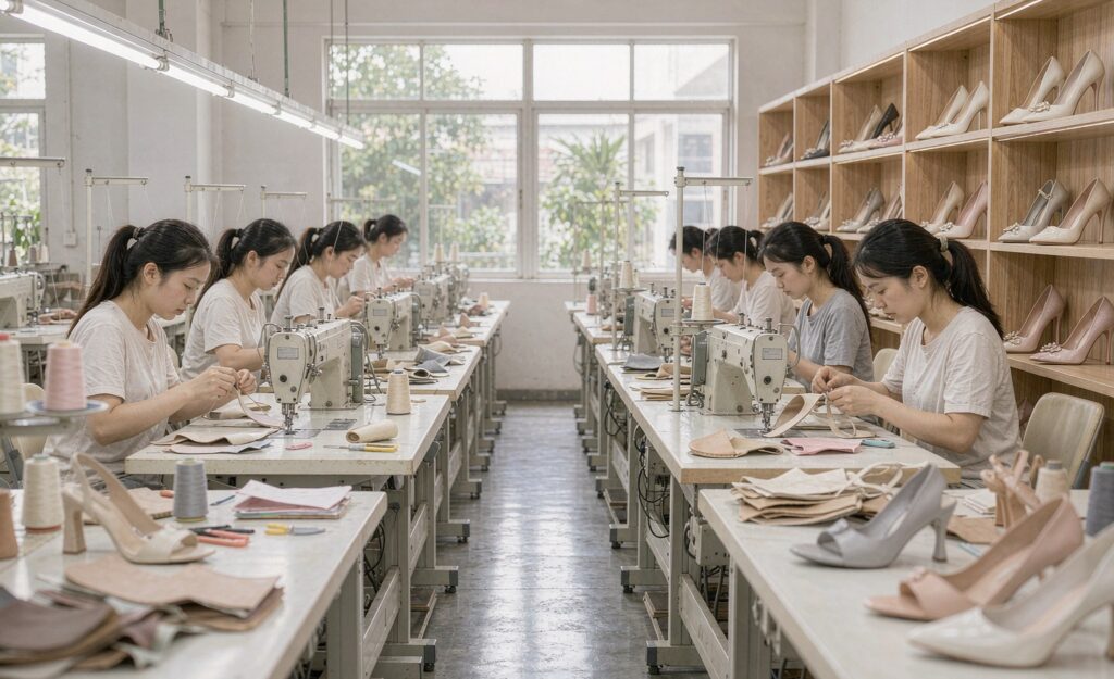 Workers stitching women's shoes on the production line of our Huidong factory