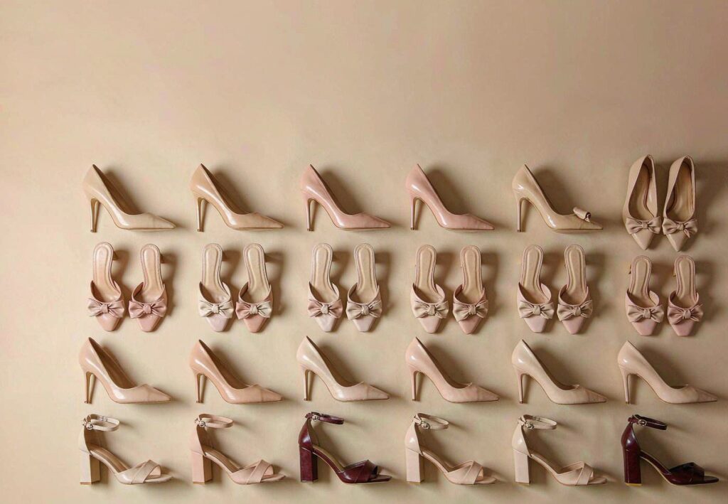 Rows of women's heels and sandals from our Huidong factory